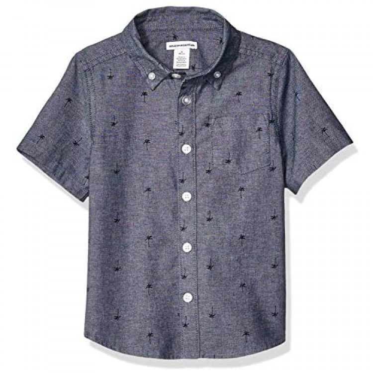 Essentials Boys' Short-Sleeve Woven Poplin Chambray Button-Down Shirts