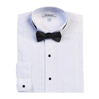 Gioberti Boy's Wing Tip Collar White Tuxedo Dress Shirt with Bow Tie and Metal Studs