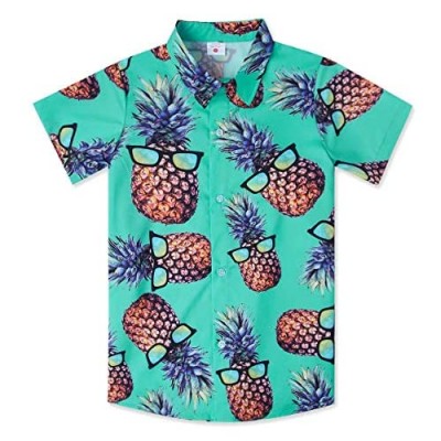 Little & Big Boy's Button Down Hawaiian Shirts Short Sleeve Cool Cartoon Print Aloha Dress Tops T-Shirt for Kids 7-14T