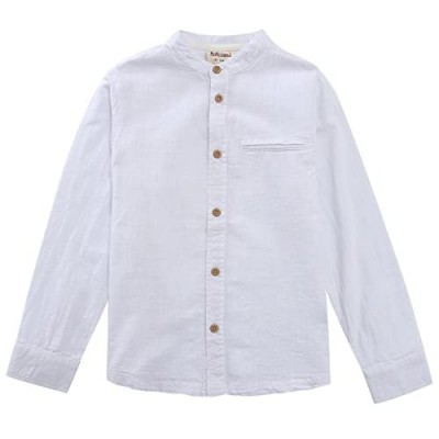 MOMOLAND Little Big Boys Long Sleeve Mandarin Collar Woven Cotton Button Down Linen Design Shirt Solid