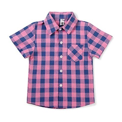 Phorecys Little Big Boys Button Down Short Sleeve Shirts Kids Buffalo Plaid Shirt with Pocket School Uniform Dress Shirt