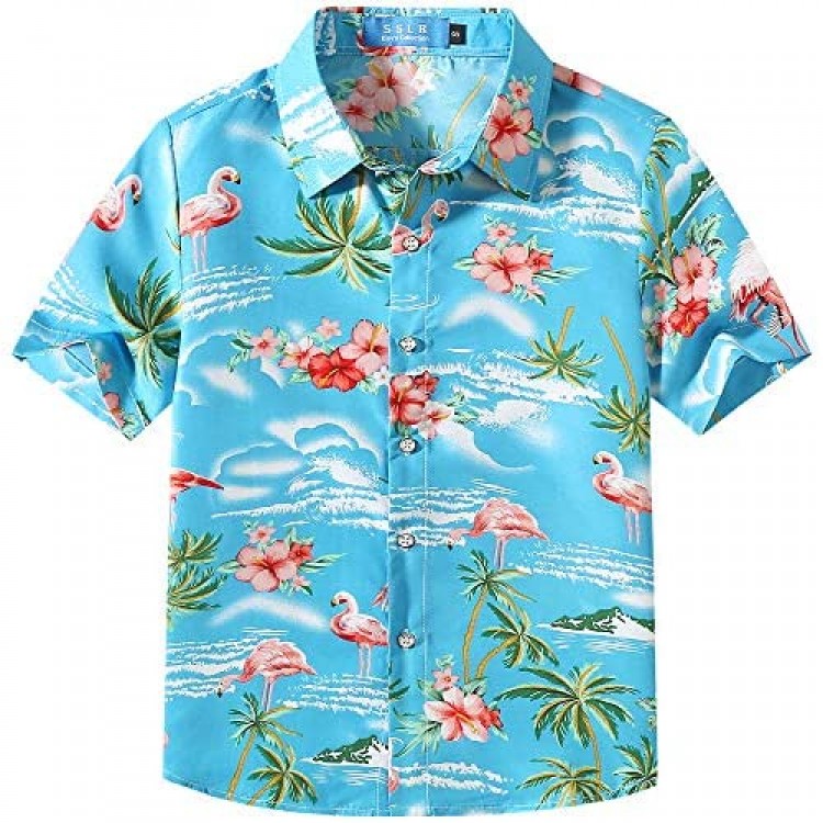 SSLR Big Boys Hawaiian Shirt Flamingos Button Down Shirt Short Sleeve Luau Shirt for Kids