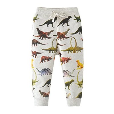 HUAER& Boys Cartoon Print Dinosaur Monkey Pattern Cotton Pants Drawstring Elastic Sweatpants