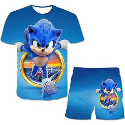 Meiyanfen Boys and Girls Sonic Breathable Ultra-Thin Mountaineering Beach Sports Short Sleeve 3D Printing Shorts Suit