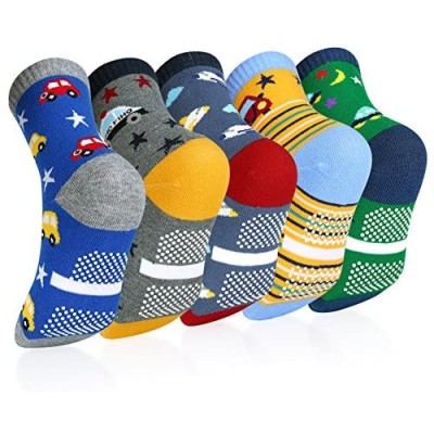 Boys Crew Socks Non Slip Ankle Socks Athletic Socks with Cartoon Car Pattern 5 Pair