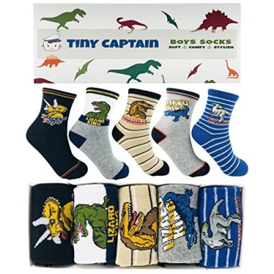 Boys Dinosaur Socks - Ages 4-6 and 7-10 Year Old Crew Socks Age 4 Kids Gift Set  Soft  Comfy and Stylish - Tiny Captain