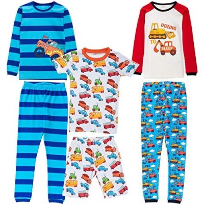 Boys Vehicle / Dinosaur Pajamas 100% Cotton Snug Fit Long Sleeve and Short Sleeve Sleepwear 6 Pcs PJs Sets