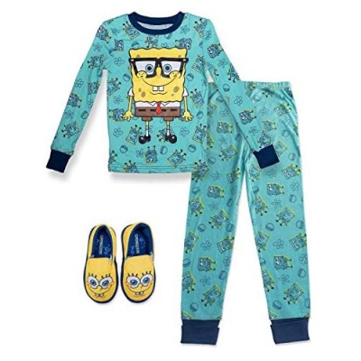 SpongeBob SquarePants Boy's 2 Piece PJ Set with Slippers Blue 100% Cotton Size 4