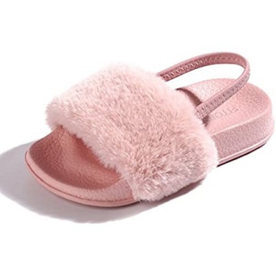 FITORY Girls Sandals Toddler  Faux Fur Slides with Elastic Back Strap Flats Shoes for Kids
