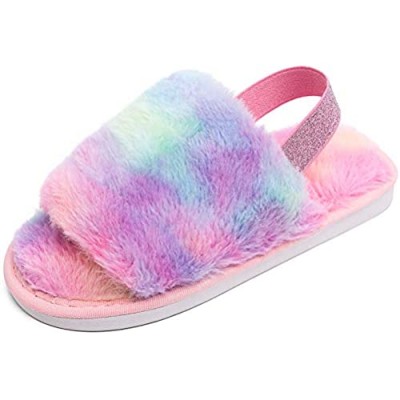 eccbox Boys Girls Fluffy Fuzzy Slippers Toddler Little Kids House Home Slippers Rainbow Leopard Print Soft Comfy Slip On Indoor Outdoor Slippers with Back Strap