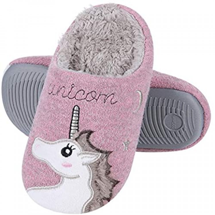 Girl's Cute Unicorn House Slippers Memory Foam Indoor Slippers Comfy Fuzzy Knitted Slip On Cotton Slippers with Anti-Slip Rubber Sole