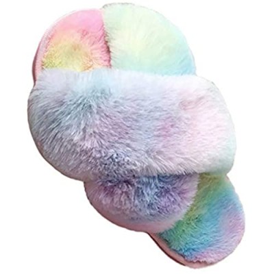 LightFun Girl's Fuzzy Fluffy Furry Slippers Fur Flip Flop Open Toe Slippers Cross Band Shoes Slides for Girls House Home Indoor Outdoor