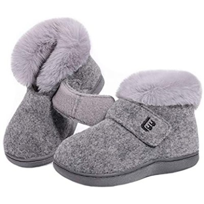 LongBay Kids Girls Warm Fuzzy Faux Fur Boot Slippers Memory Foam House Shoes with Adjustable Hook and Loop