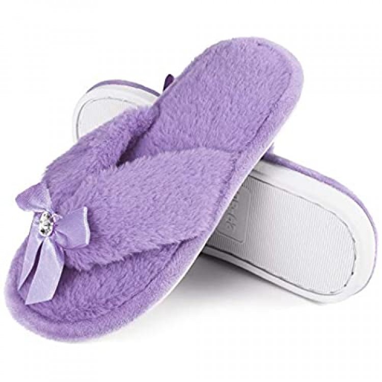 Onmygogo Princess Bejeweled Flip Flops for Girls and Women Little Big Kid Fuzzy Indoor Slippers with Soft Nonslip Rubber Sole