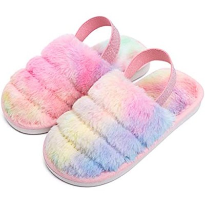 techcity Kids Fluffy Fuzzy Slippers Open Toe House Home Slippers for Boys and Girls Faux Fur Slides with Strap Little Kids Slip-on Shoes