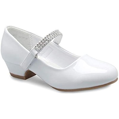 Olivia K Girls Kitten Heels Mary Jane Shoes - Round Toe with Rhinestone Strap- Easy on Off