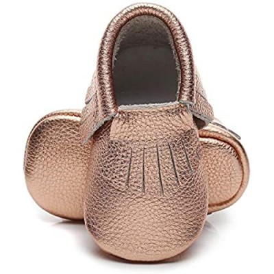 Bebila Baby Moccasins with Gold Bow Tassel First Walker Toddler Genuine Leather Shoes for Boys Girls