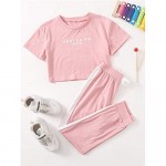 Romwe Girl's 2 Piece Outfit Short Sleeve Crop T Shirt and Sweatpants Set