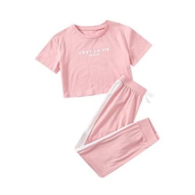 Romwe Girl's 2 Piece Outfit Short Sleeve Crop T Shirt and Sweatpants Set