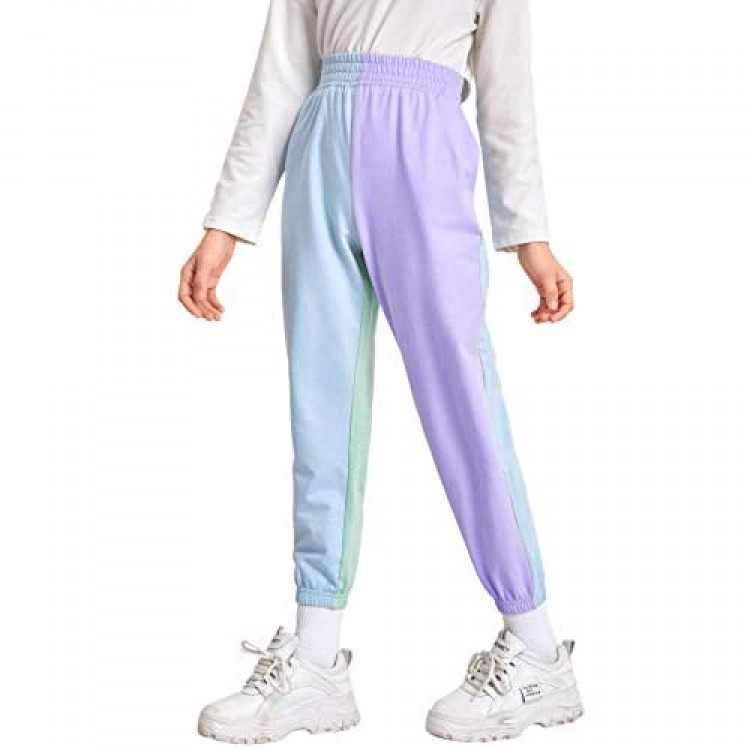 Romwe Girl's Colorblock Joggers Pant Elastic High Waist Athletic Sweapants with Pocket