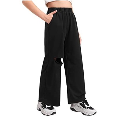 Romwe Girl's Sweatpants Elastic Waist Ripped Workout Jogger Pants with Pocket
