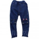 Colorful Childhood Girls Jeans Big Kids Cat Distressed Ripped Hole Slim Denim Pants Teens Jeans