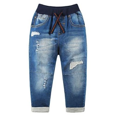 KIDSCOOL SPACE Kids Ribbed Elastic Band Ripped Patchwork Soft Slim Jeans