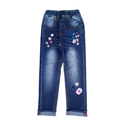 KIDSCOOL SPACE Little Girl Embroidered Jeans Big Girls Elastic Waist Denim Bottom Pants