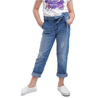 M.D.K Girls Denim Elastic Waistband Tie Waist Belt Long Straight Skinny Jeans