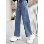 NABER Kids Girls Fashion Straight-Leg Jeans Elastic Waist Loose Wide Leg Denim Pants with Beaded Front Pockets Age 4-14 Years