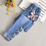 SITENG Big Girls Kids Ripped Hole Washed Elastic Waist Jeans with Bow Knot Slim Denim Pants