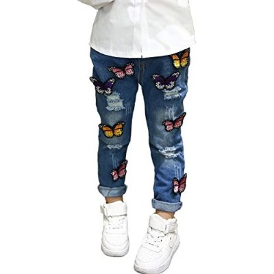 Weixinbuy Girls Jeans Denim Pants Butterfly Embroidery Hole Cowboy Trousers Pants for Baby Girls 2-7 Years