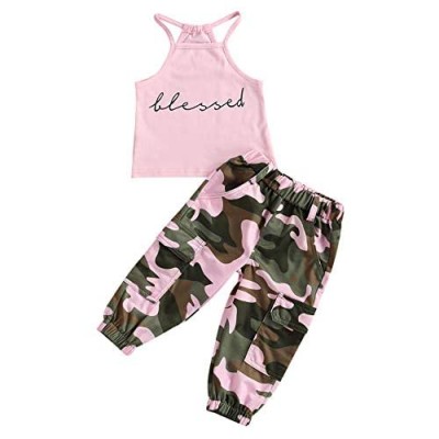 1-6Y Summer Kids Girls Clothes Sets 2pcs Halter Sleeveless Blessed Letter Vest Tops Camouflage Long Pants
