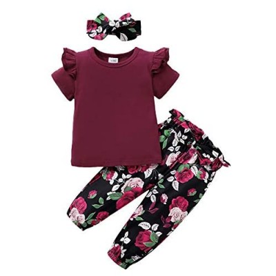 Infant Baby Girl Clothes Cute Toddler Girl Clothes Cotton Short Sleeve 2PCS Ruffle Tops + Pants Summer Outfits Set