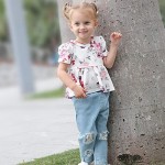 Infant Toddler Baby Girl Clothes Denim Jeans Outfits 2PCS Ruffle Floral Top + Ripped Denim Girls Pants Set 6M-4T