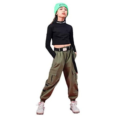 LOLANTA Girls Half-Turtleneck Long Sleeve Crop Tops  Cargo Pants Set with Pockets Street Dance Outfits