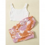 Romwe Girl's 2 Pieces Outfit Tie Dye Crop Tank Tops and Pant Set Clothing Set