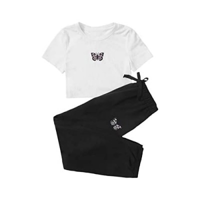 SOLY HUX Girl's 2 Piece Outfits Butterfly Embroidered Crop Top and Pants Set