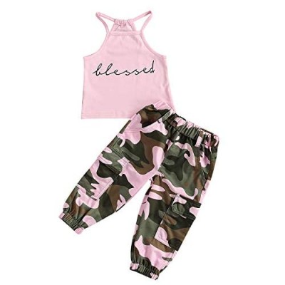 Toddler Girls Clothes Blessed Crop Tops for Girls+ Girls Camouflage Pants with Pockets  2PCS Toddler Summer Outfits