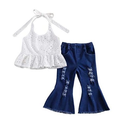 Toddler Girls Halter Ruffle Lace Sleeveless Hollowed-Out Top+Ripped Denim Flared Bell-Bottom Pants 2Pcs Clothes Set
