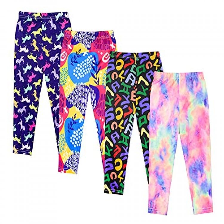 ZukoCert 4 Pack Printing Girl Leggings 4-13 Years Tie dye Girls Stretch Leggings Printed Yoga Pants for Girls 10/9 Length