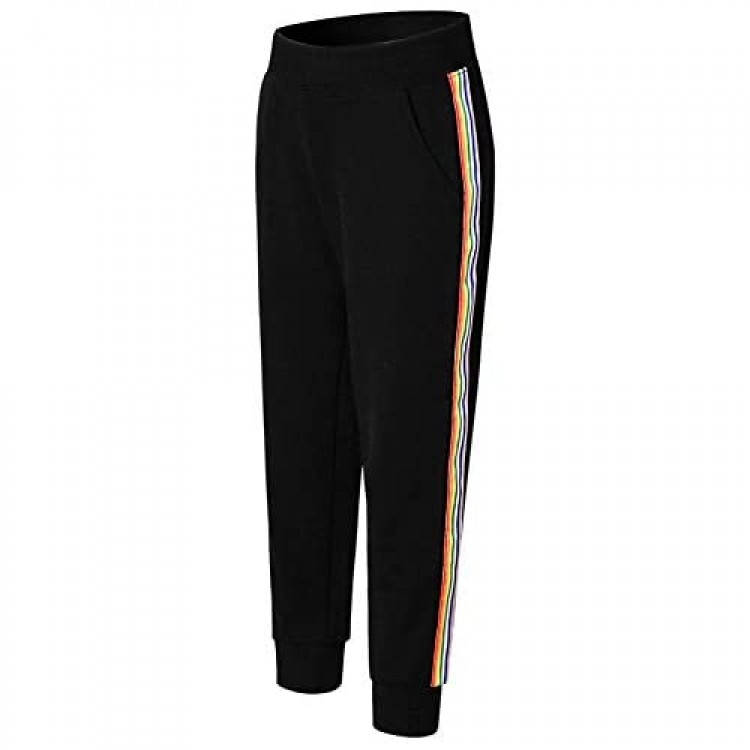 Mirawise Girls' Joggers Sweatpants with 3 Pockets Elastic Waist Pull-on Rainbow Striped Pants