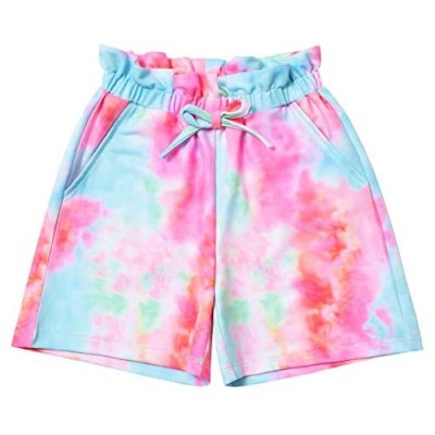 Girl's Elastic Paperbag High Waist Shorts Tie Die Summer Bowknot Bottom with Pockets